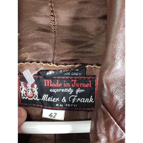Vintage Meier & Frank Jacket 47 Brown Leather Collar Long Sleeve Belted Pockets - Picture 7 of 10